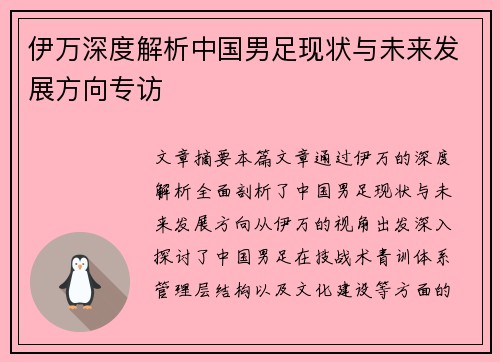 伊万深度解析中国男足现状与未来发展方向专访