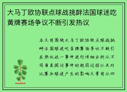 大马丁欧协联点球战挑衅法国球迷吃黄牌赛场争议不断引发热议